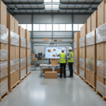 Warehouse workers checking inventory near palletized boxes